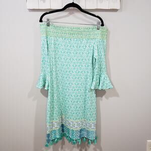 Cabana Life Off Shoulder Dress Coastal Cottage Bell Sleeve Blue Tassel Women’s L